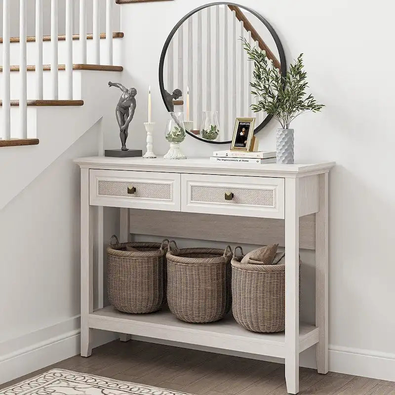 Bohemian Natural Rattan Console Table with Expanded Top and Dual Drawers 12