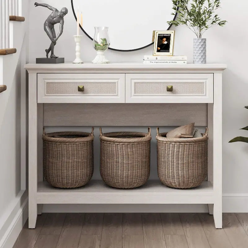 Bohemian Natural Rattan Console Table with Expanded Top and Dual Drawers 13