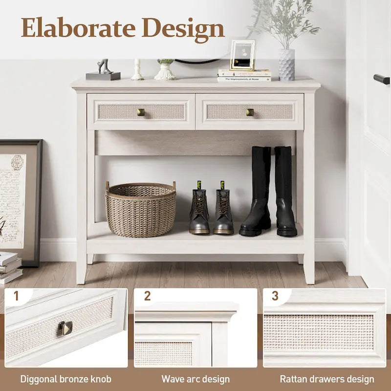 Bohemian Natural Rattan Console Table with Expanded Top and Dual Drawers 15