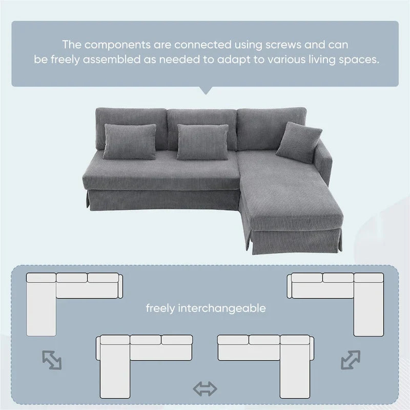Contemporary L-Shaped Corduroy Sofa with Reversible Chaise from Harper & Bright Designs 6