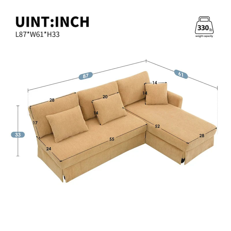 Contemporary L-Shaped Corduroy Sofa with Reversible Chaise from Harper & Bright Designs 23