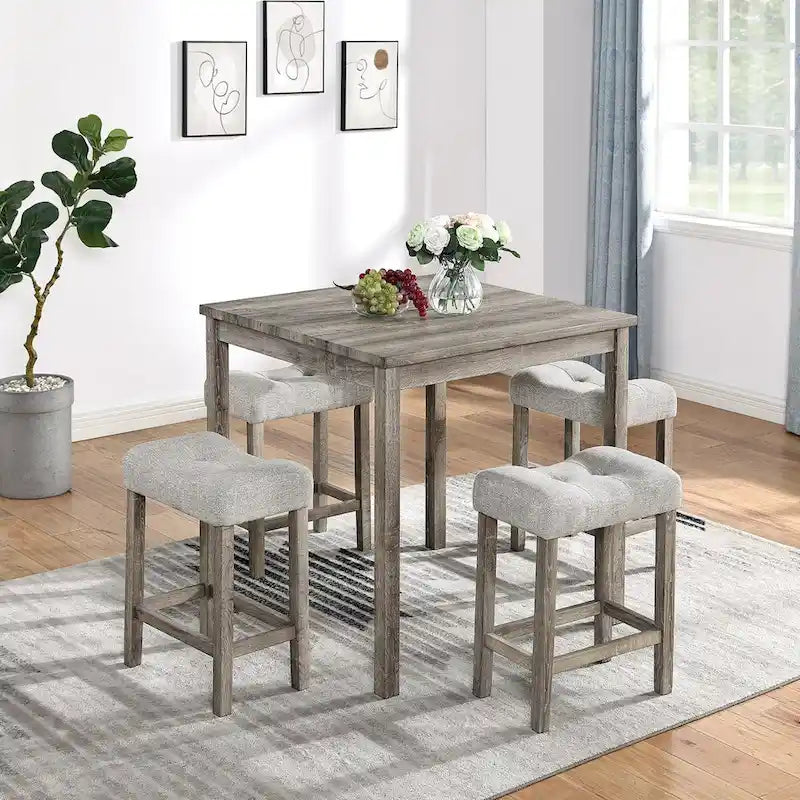 5-Piece Wood Dining Set: Square Table with 4 Upholstered Chairs 2