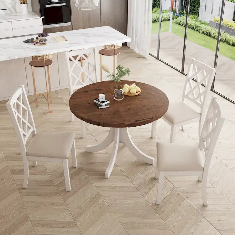 5-Piece Upholstered Chair Round Dining Table Set 14