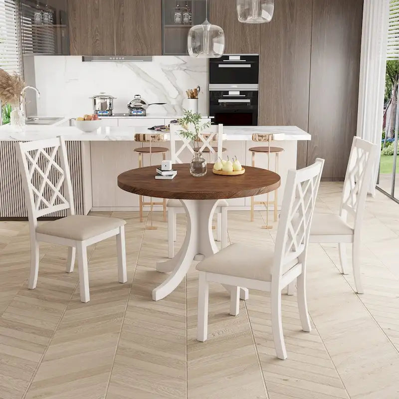 5-Piece Upholstered Chair Round Dining Table Set 1