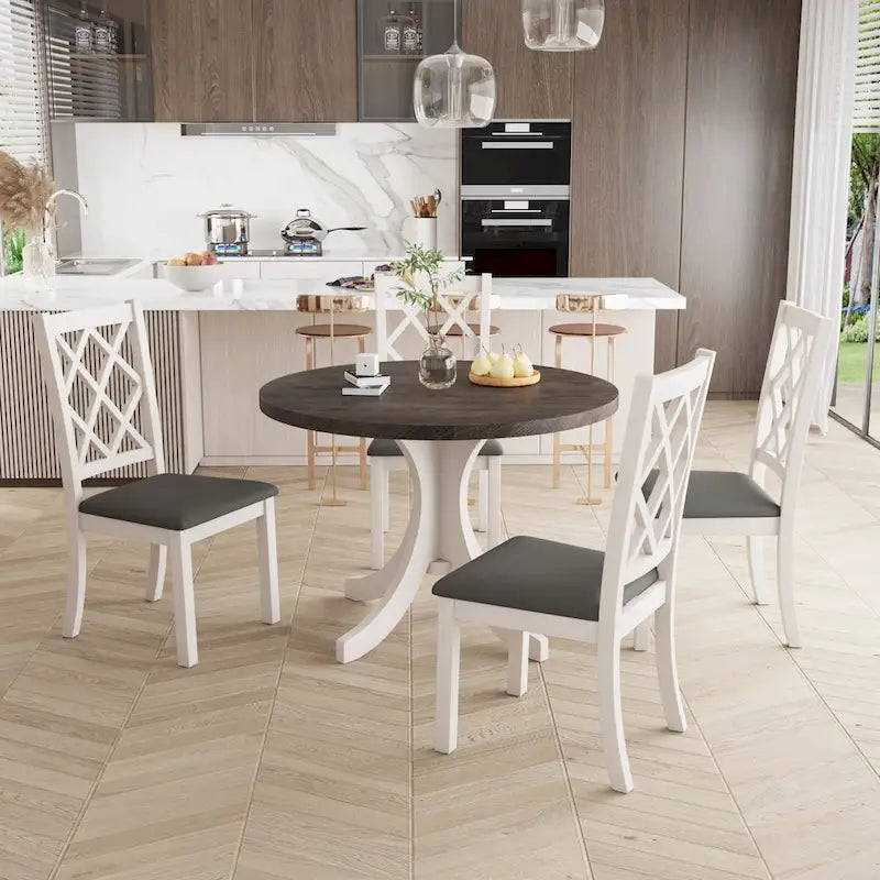 5-Piece Upholstered Chair Round Dining Table Set 2