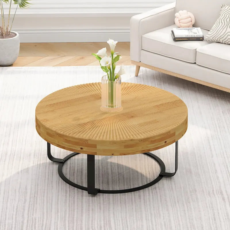 Contemporary Round Wooden Coffee Table with Intricate Carving and Metal Legs 2