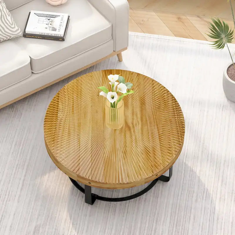 Contemporary Round Wooden Coffee Table with Intricate Carving and Metal Legs 3