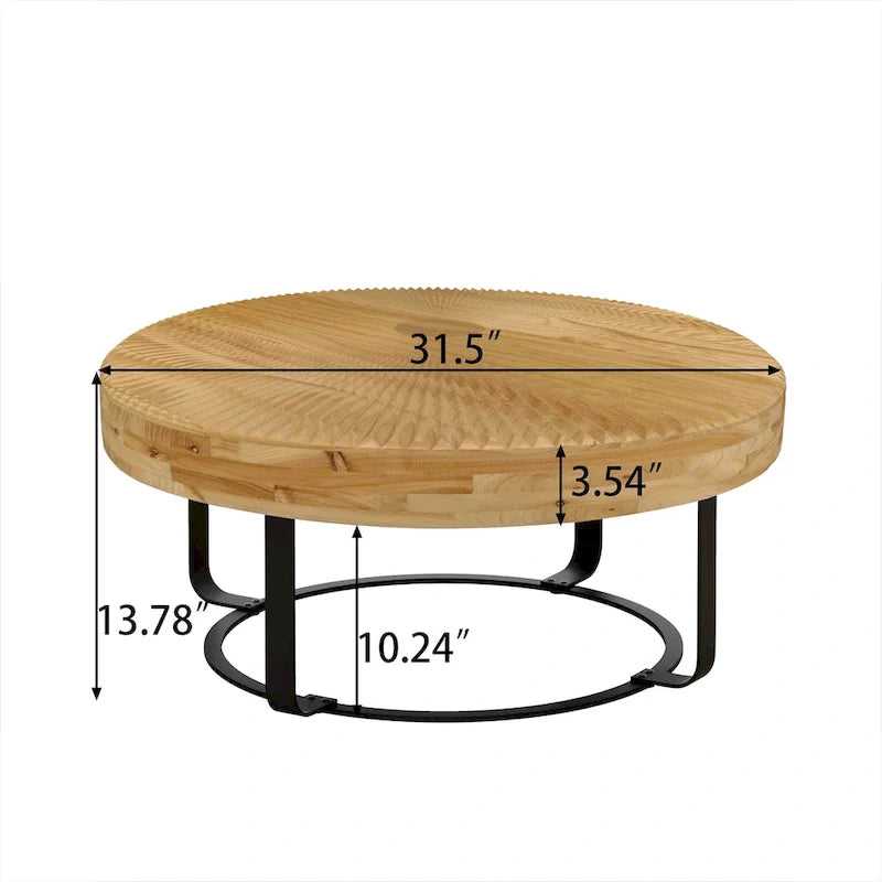 Contemporary Round Wooden Coffee Table with Intricate Carving and Metal Legs 4