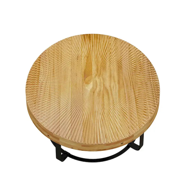 Contemporary Round Wooden Coffee Table with Intricate Carving and Metal Legs 5