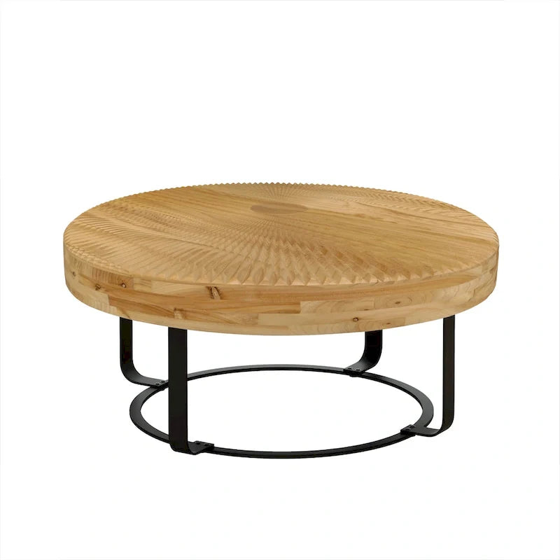 Contemporary Round Wooden Coffee Table with Intricate Carving and Metal Legs 6