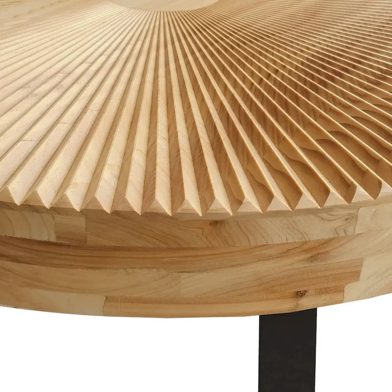 Contemporary Round Wooden Coffee Table with Intricate Carving and Metal Legs 7