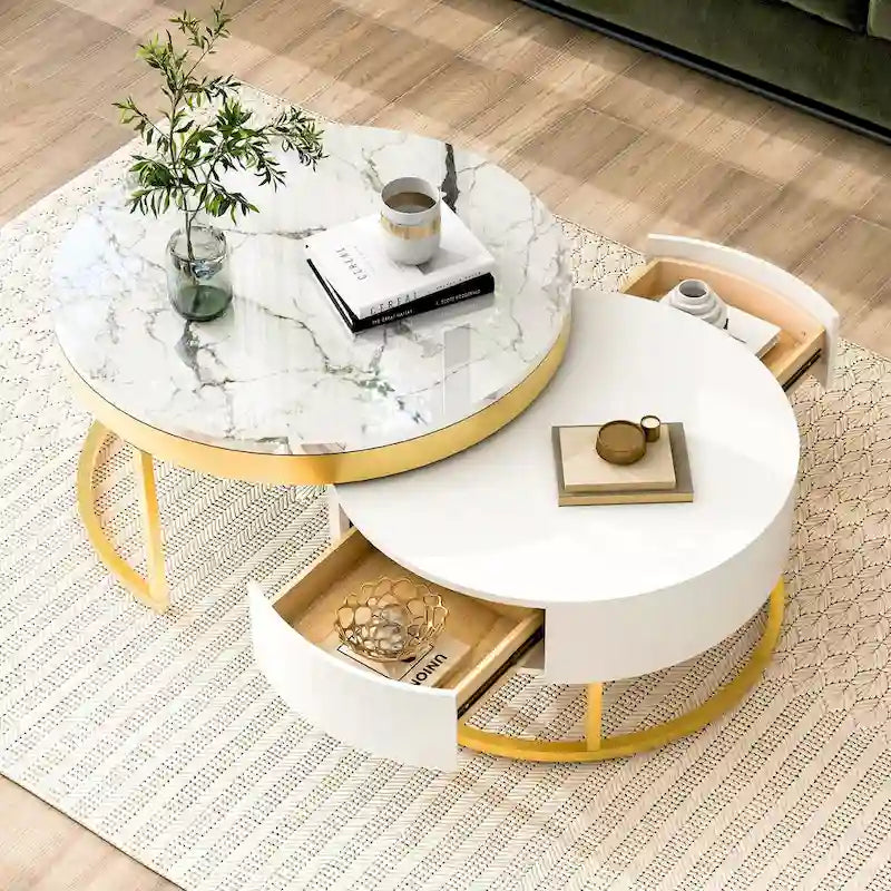 GEITIN Contemporary Round Nesting Coffee Table with Storage Drawers 1