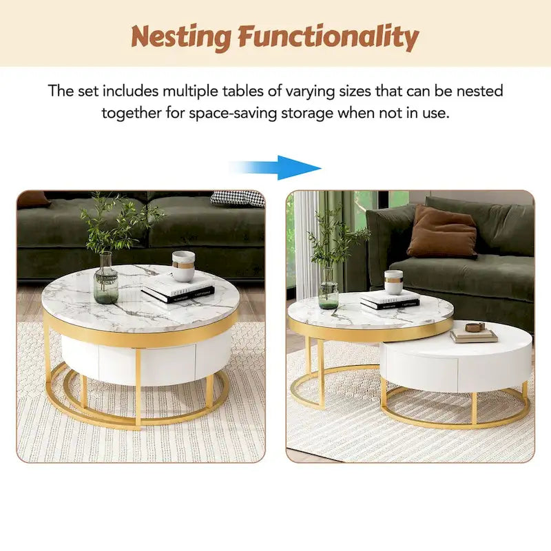 GEITIN Contemporary Round Nesting Coffee Table with Storage Drawers 2