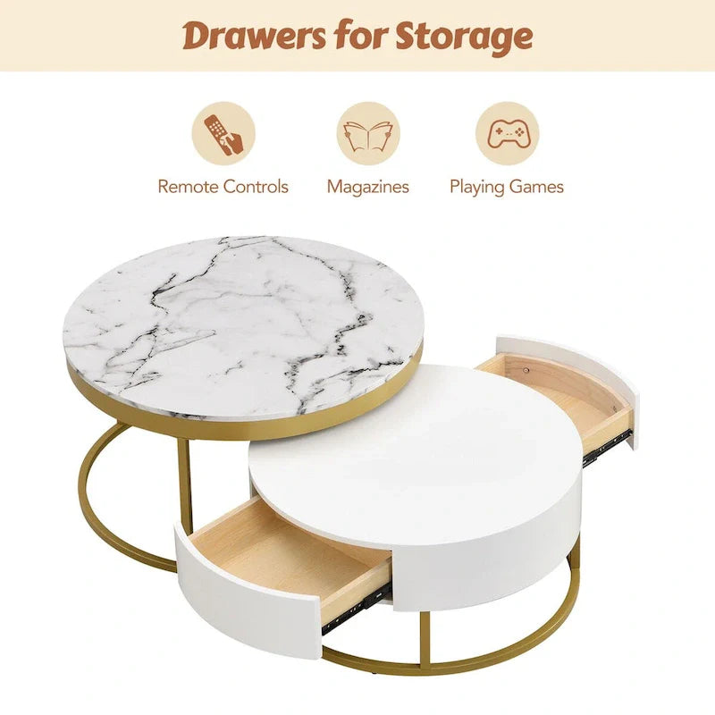 GEITIN Contemporary Round Nesting Coffee Table with Storage Drawers 3