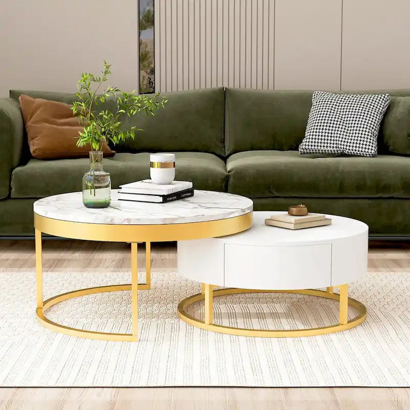GEITIN Contemporary Round Nesting Coffee Table with Storage Drawers 4