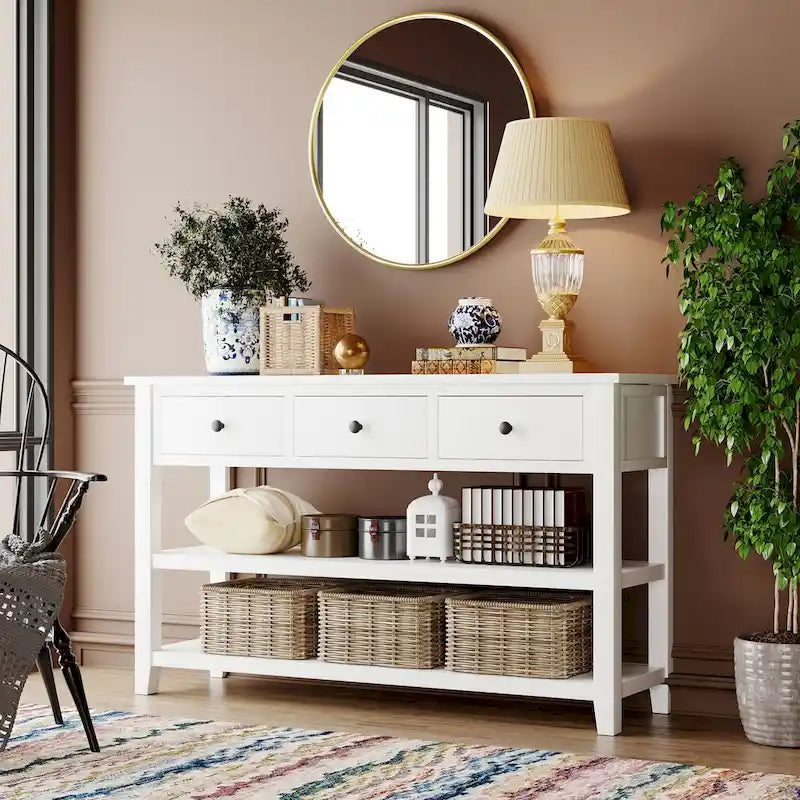 Solid Pine Wood Console Table Featuring Two Open Shelves 35