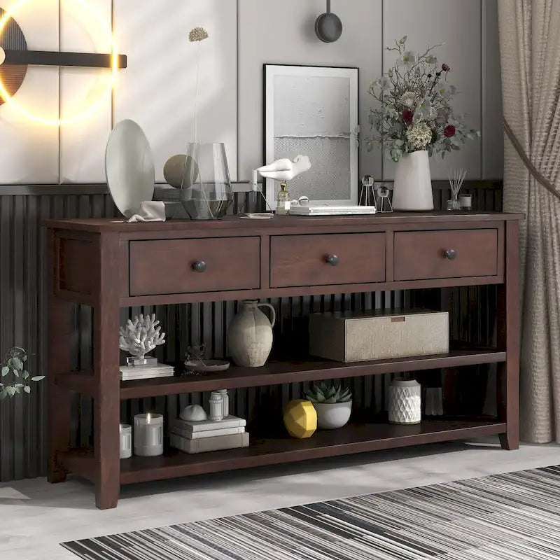 Solid Pine Wood Console Table Featuring Two Open Shelves 36