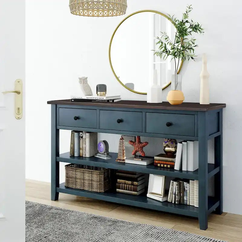 Solid Pine Wood Console Table Featuring Two Open Shelves 37
