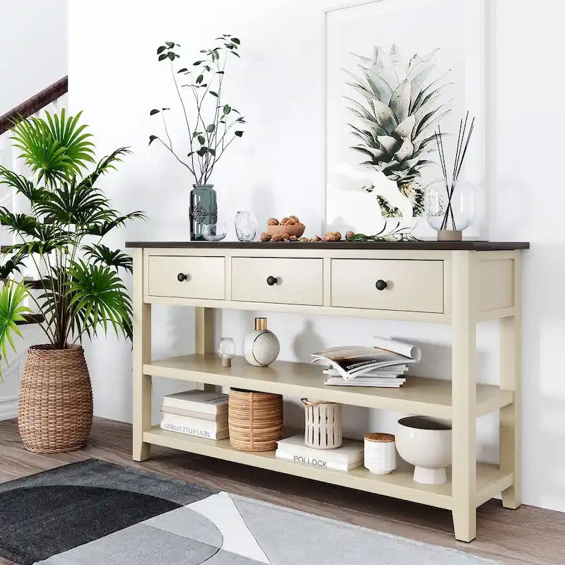 Solid Pine Wood Console Table Featuring Two Open Shelves 38