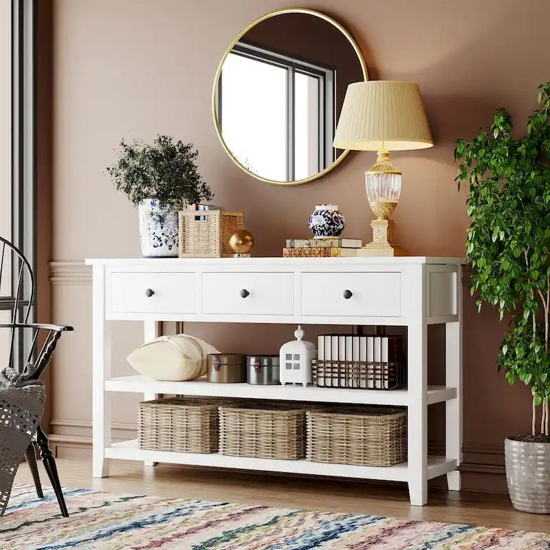 Solid Pine Wood Console Table Featuring Two Open Shelves 1