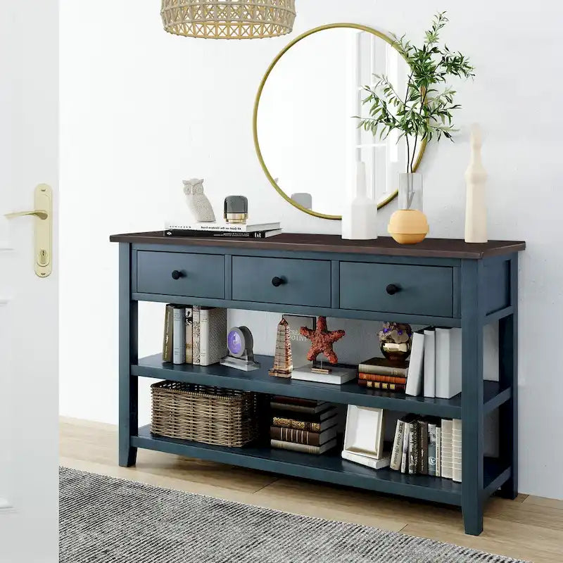 Solid Pine Wood Console Table Featuring Two Open Shelves 3