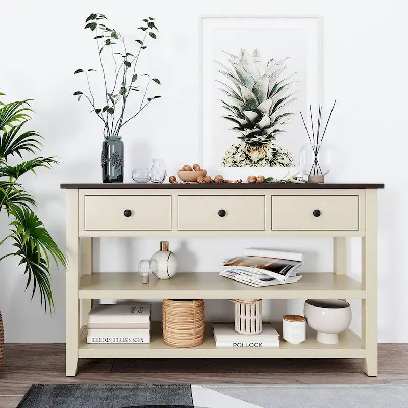 Solid Pine Wood Console Table Featuring Two Open Shelves 5