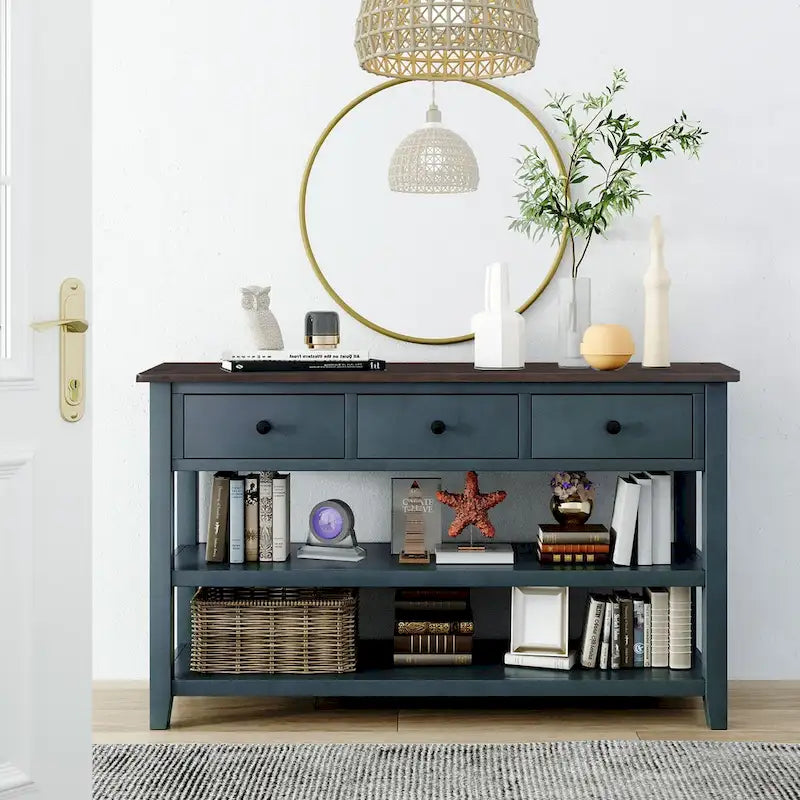 Solid Pine Wood Console Table Featuring Two Open Shelves 13