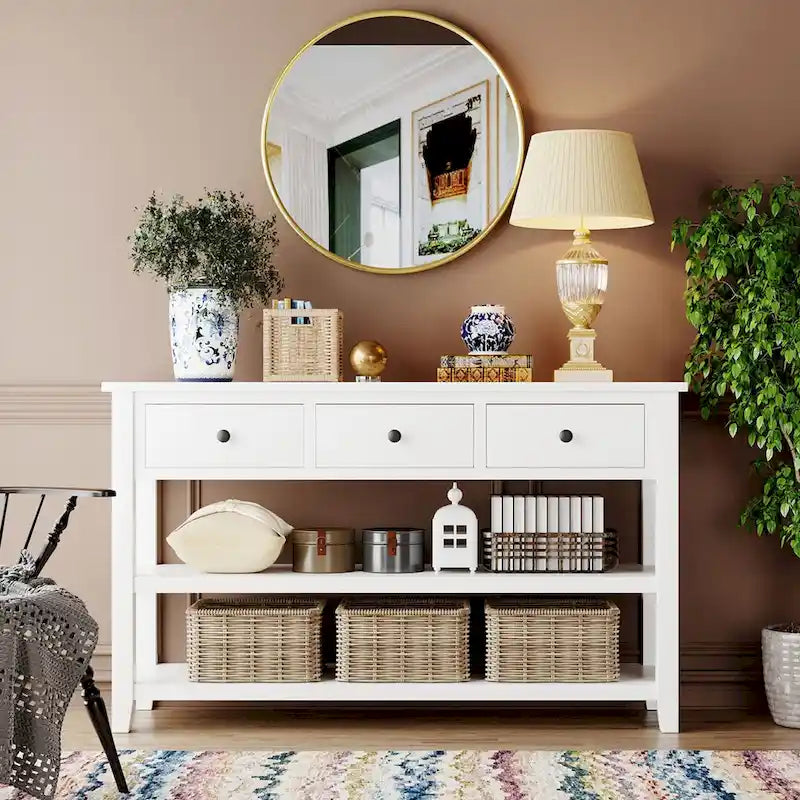 Solid Pine Wood Console Table Featuring Two Open Shelves 28