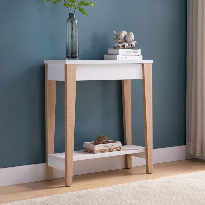 Contemporary Two-Tone Console Table with Dual Shelves - White and Tan 7