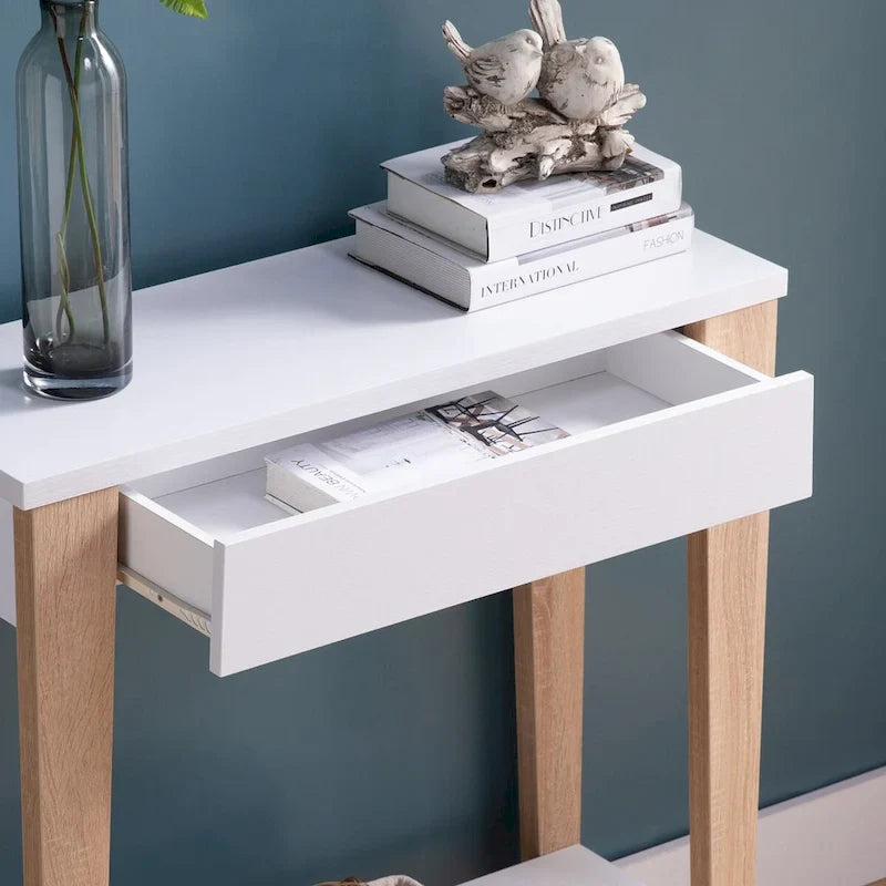 Contemporary Two-Tone Console Table with Dual Shelves - White and Tan 2