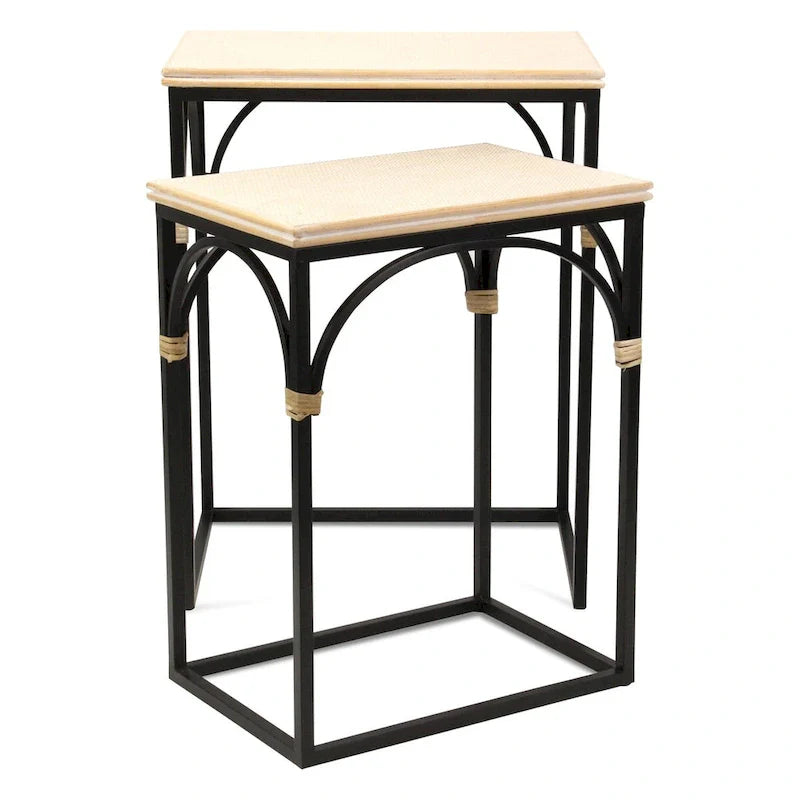Claudette Set of 2 Rectangle Side Tables with Rattan Accents in Wood and Metal 1