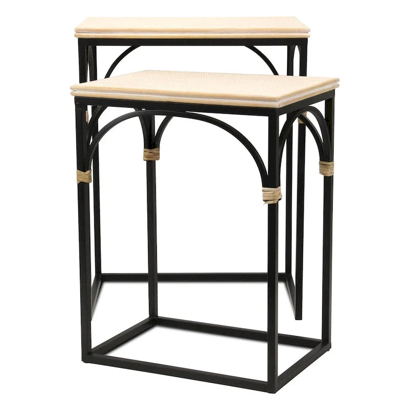 Claudette Set of 2 Rectangle Side Tables with Rattan Accents in Wood and Metal 2