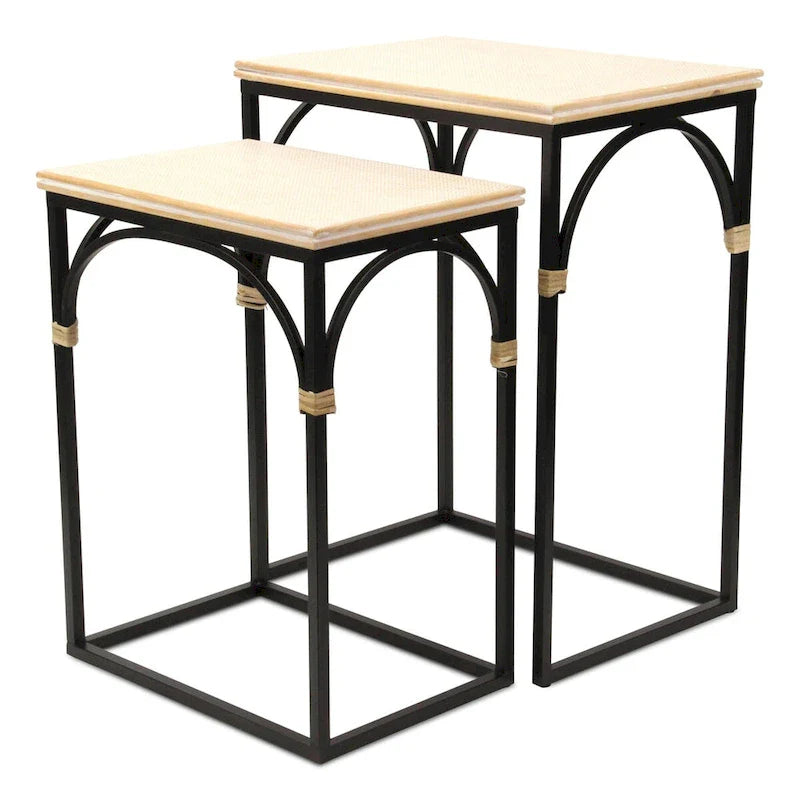 Claudette Set of 2 Rectangle Side Tables with Rattan Accents in Wood and Metal 4