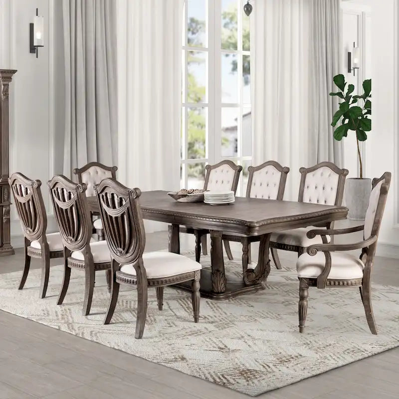 Furniture of America Cassian Classic 9-Piece Expandable Dining Set in Weathered Oak Solid Wood 18