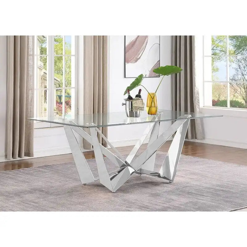 Glass Dining Table with Tempered Top and Stainless Steel Base