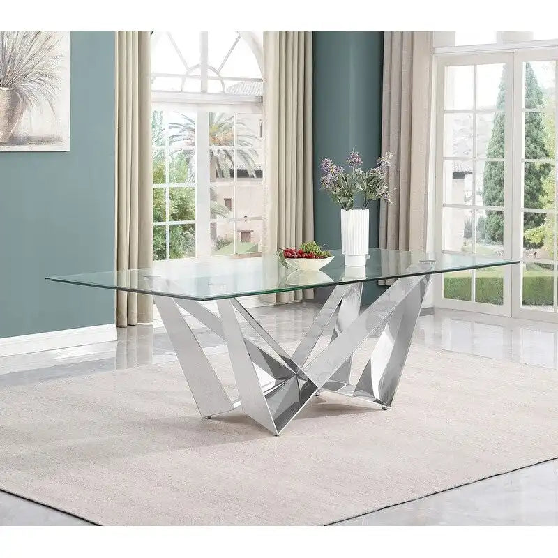 Glass Dining Table with Tempered Top and Stainless Steel Base 3