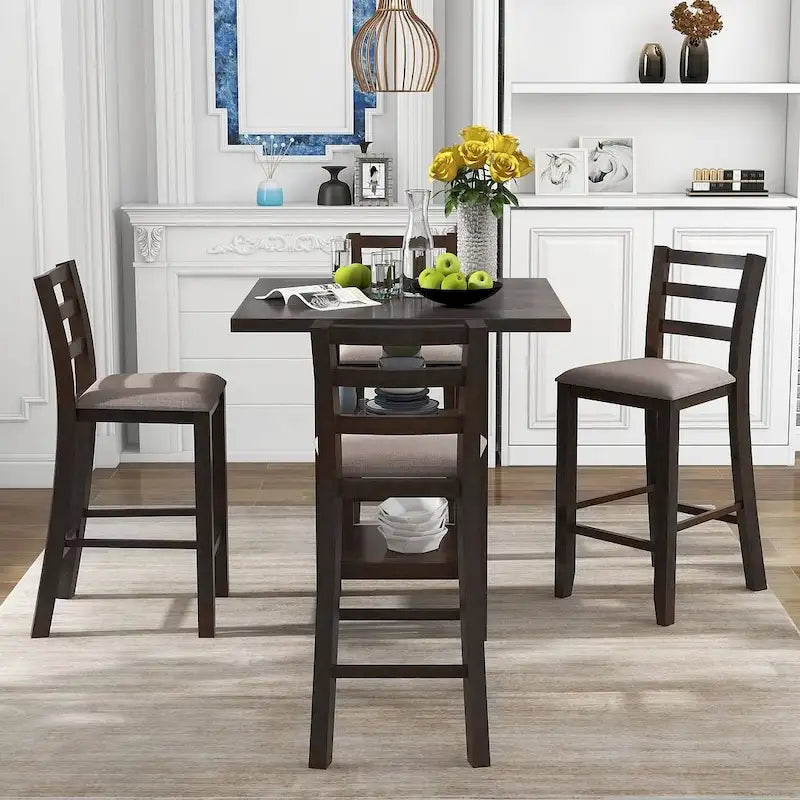 5-Piece Wooden Counter Height Dining Set with Cushioned Chairs and Storage Shelves 30