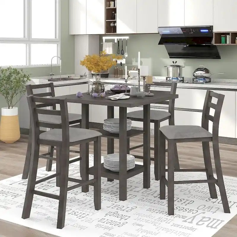 5-Piece Wooden Counter Height Dining Set with Cushioned Chairs and Storage Shelves 31