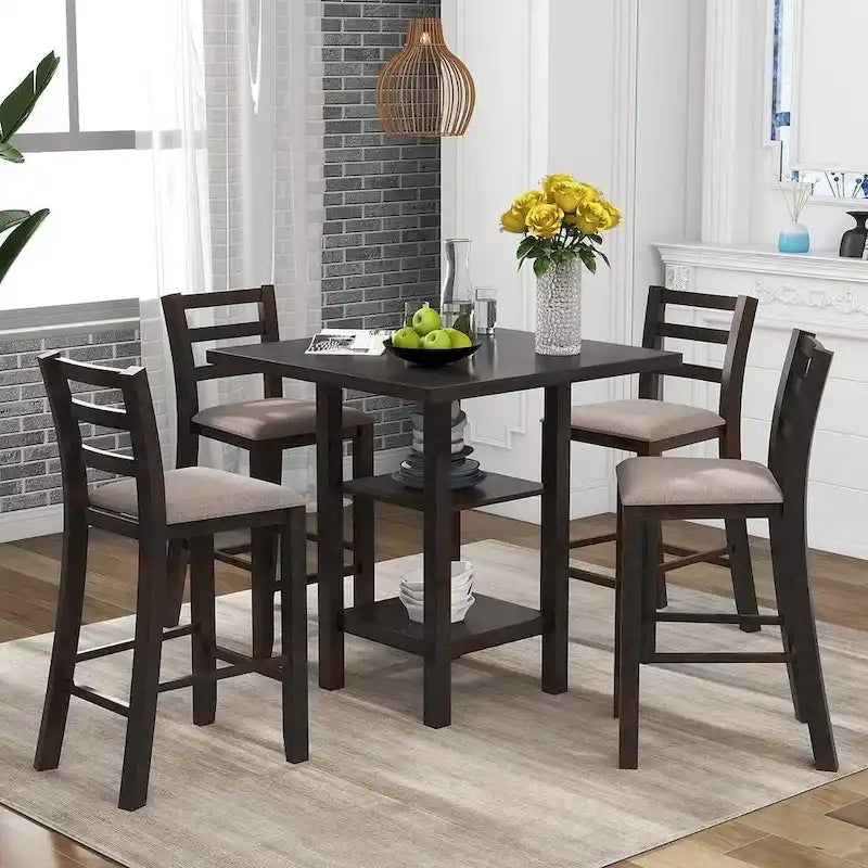 5-Piece Wooden Counter Height Dining Set with Cushioned Chairs and Storage Shelves 1