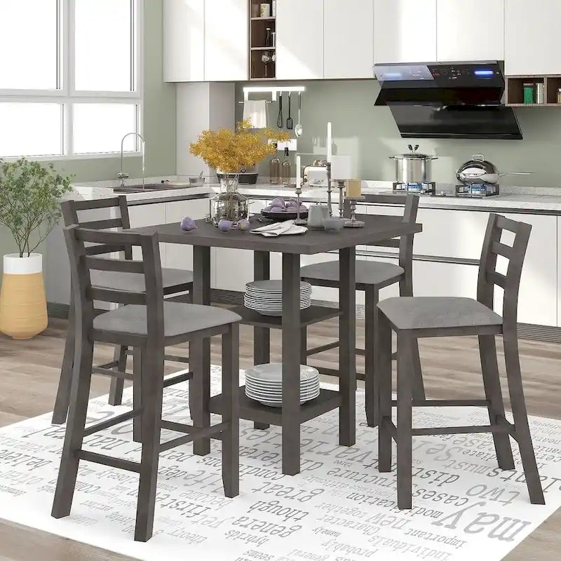 5-Piece Wooden Counter Height Dining Set with Cushioned Chairs and Storage Shelves 3