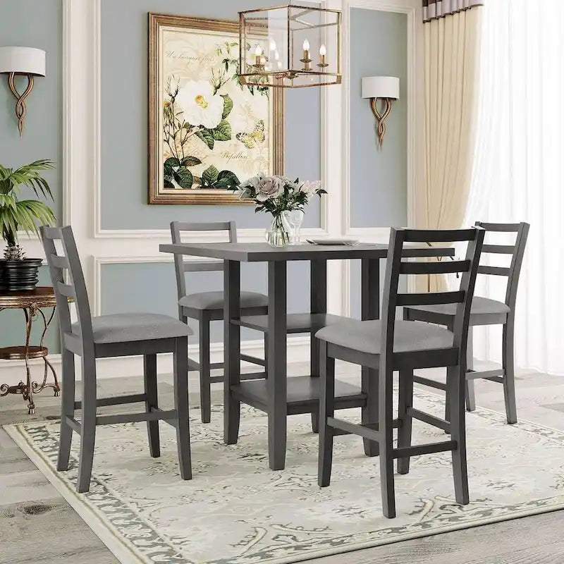 5-Piece Wooden Counter Height Dining Set with Cushioned Chairs and Storage Shelves 4
