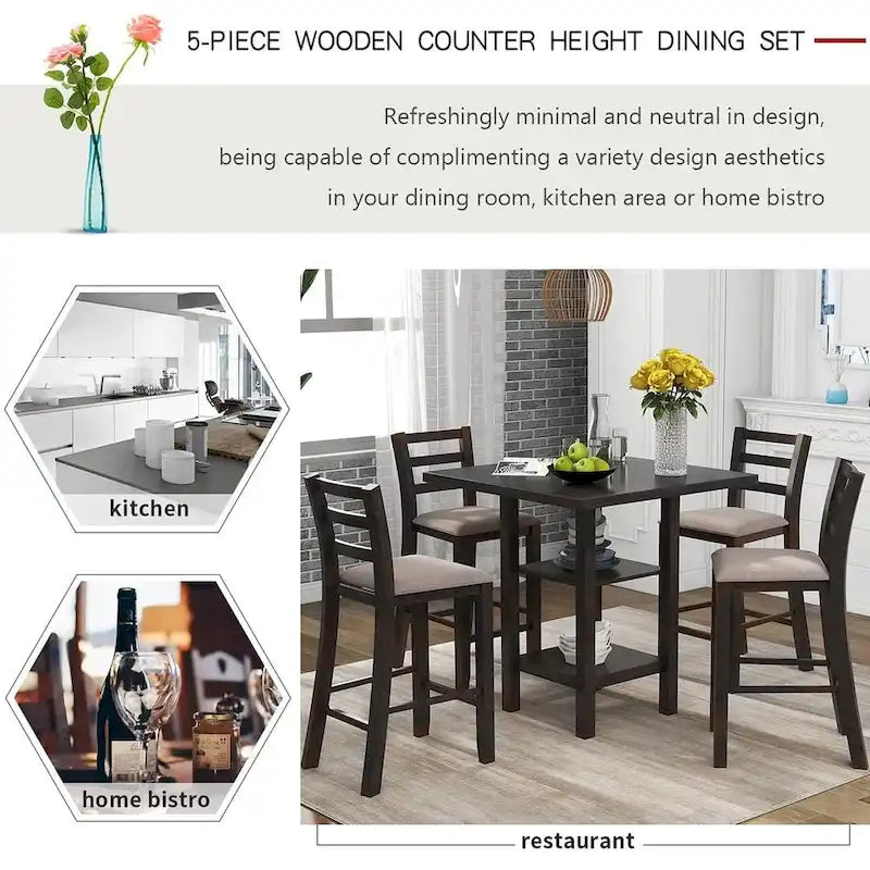 5-Piece Wooden Counter Height Dining Set with Cushioned Chairs and Storage Shelves 5
