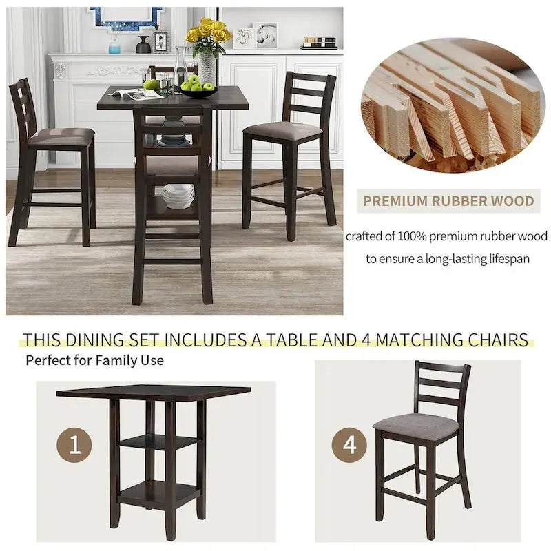 5-Piece Wooden Counter Height Dining Set with Cushioned Chairs and Storage Shelves 6