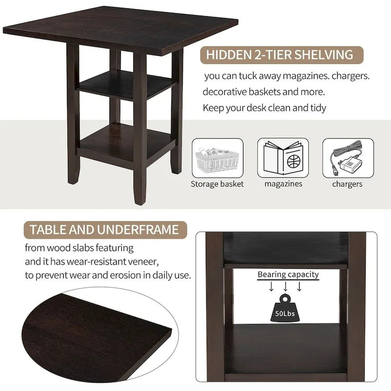 5-Piece Wooden Counter Height Dining Set with Cushioned Chairs and Storage Shelves 8