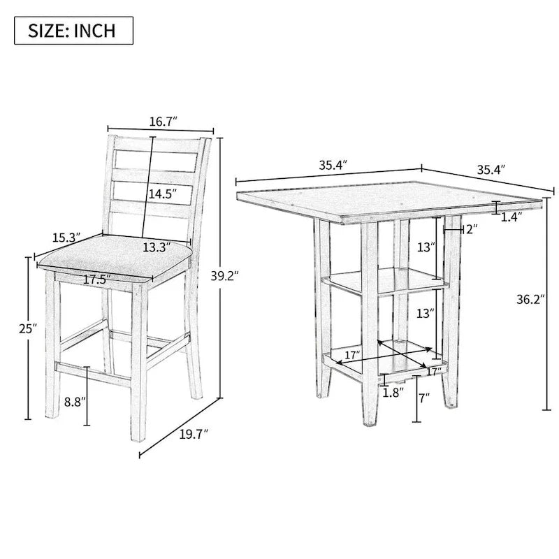5-Piece Wooden Counter Height Dining Set with Cushioned Chairs and Storage Shelves 9