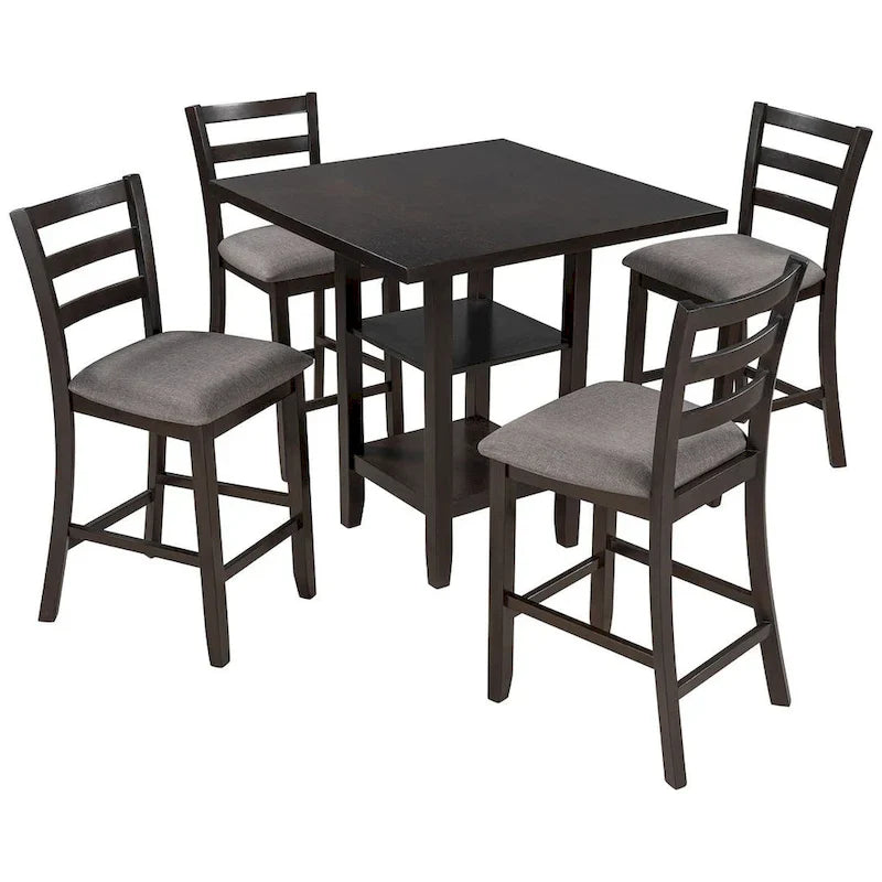 5-Piece Wooden Counter Height Dining Set with Cushioned Chairs and Storage Shelves 10