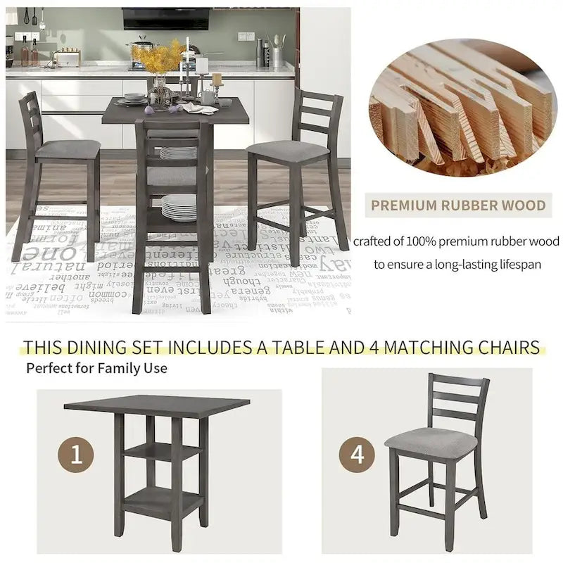 5-Piece Wooden Counter Height Dining Set with Cushioned Chairs and Storage Shelves 22