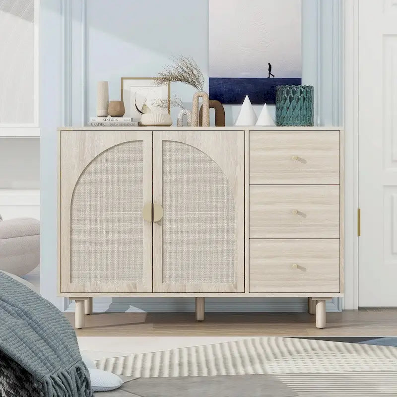 Rattan Storage Cabinet with 2 Doors, Adjustable Shelves, and 3 Drawers 31
