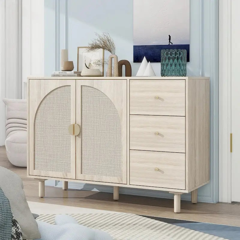 Rattan Storage Cabinet with 2 Doors, Adjustable Shelves, and 3 Drawers 2