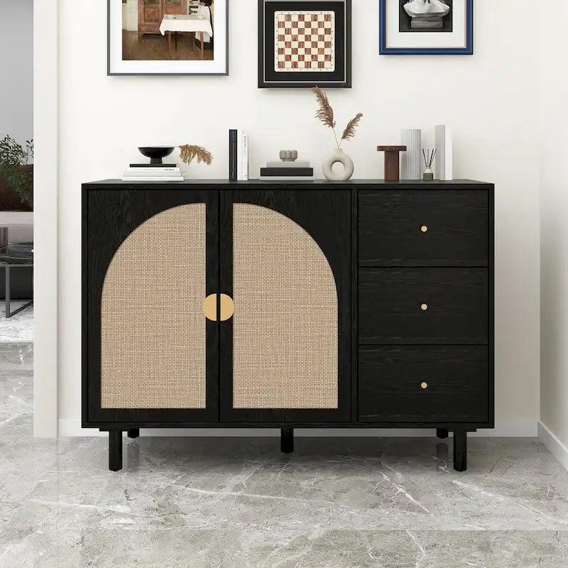 Rattan Storage Cabinet with 2 Doors, Adjustable Shelves, and 3 Drawers 3